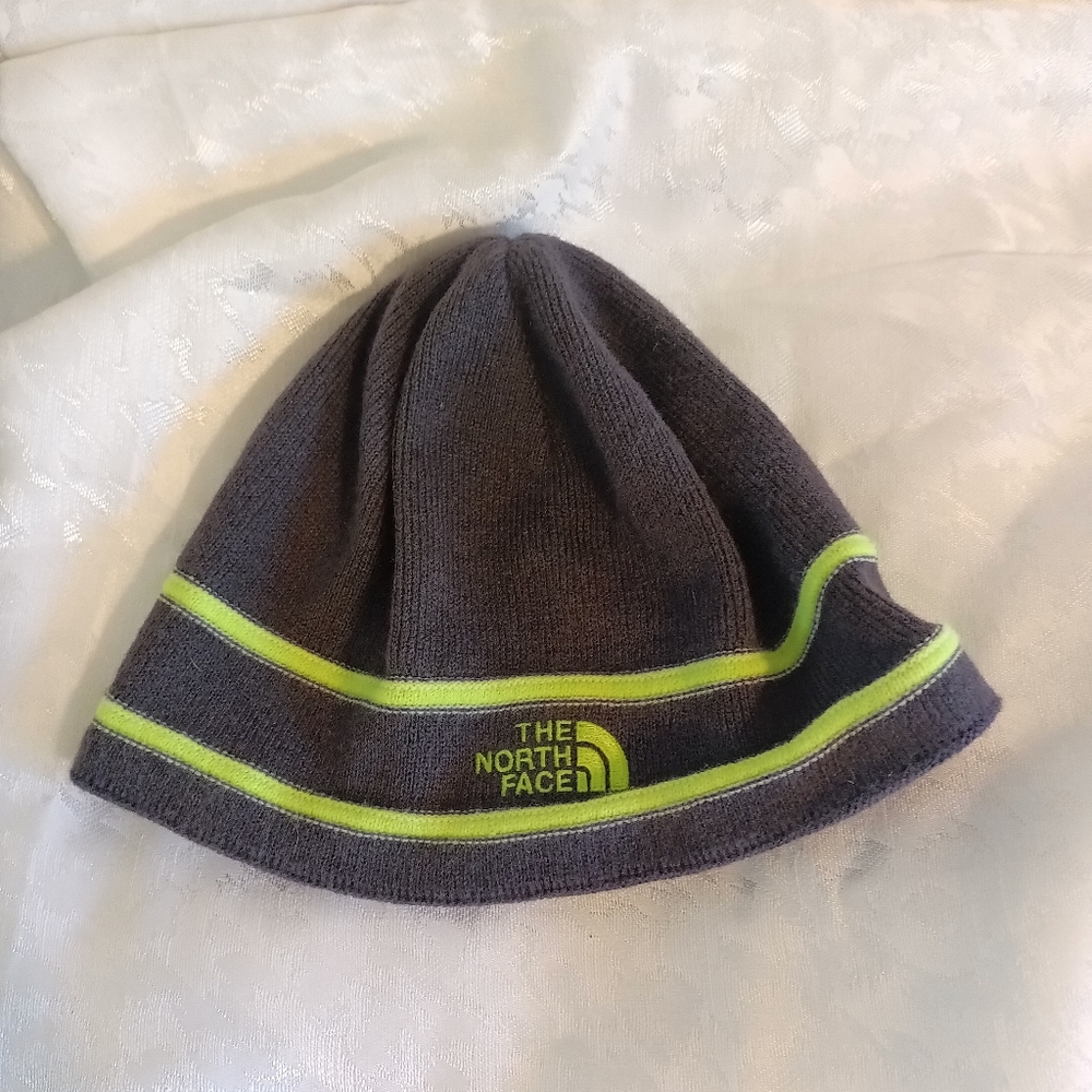 The North Face fully lined beanie hat youth medium gray and neon green